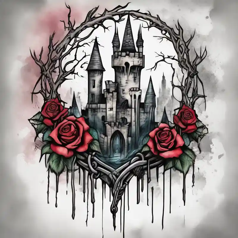 tattoo fool sleeve, old broken gothic castle, broken sword, tree roots break out of the chains, roses glitter tattoo